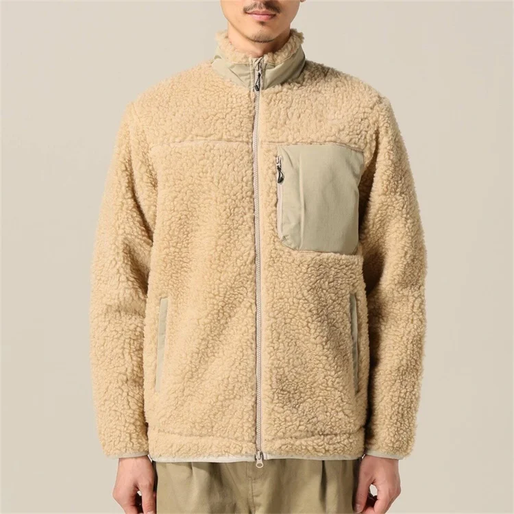 New Design High Quality OEM Custom Men High collar Berber Fleece Sharp Jacket With Color Block Front Pocket Soft Fleece Jackets