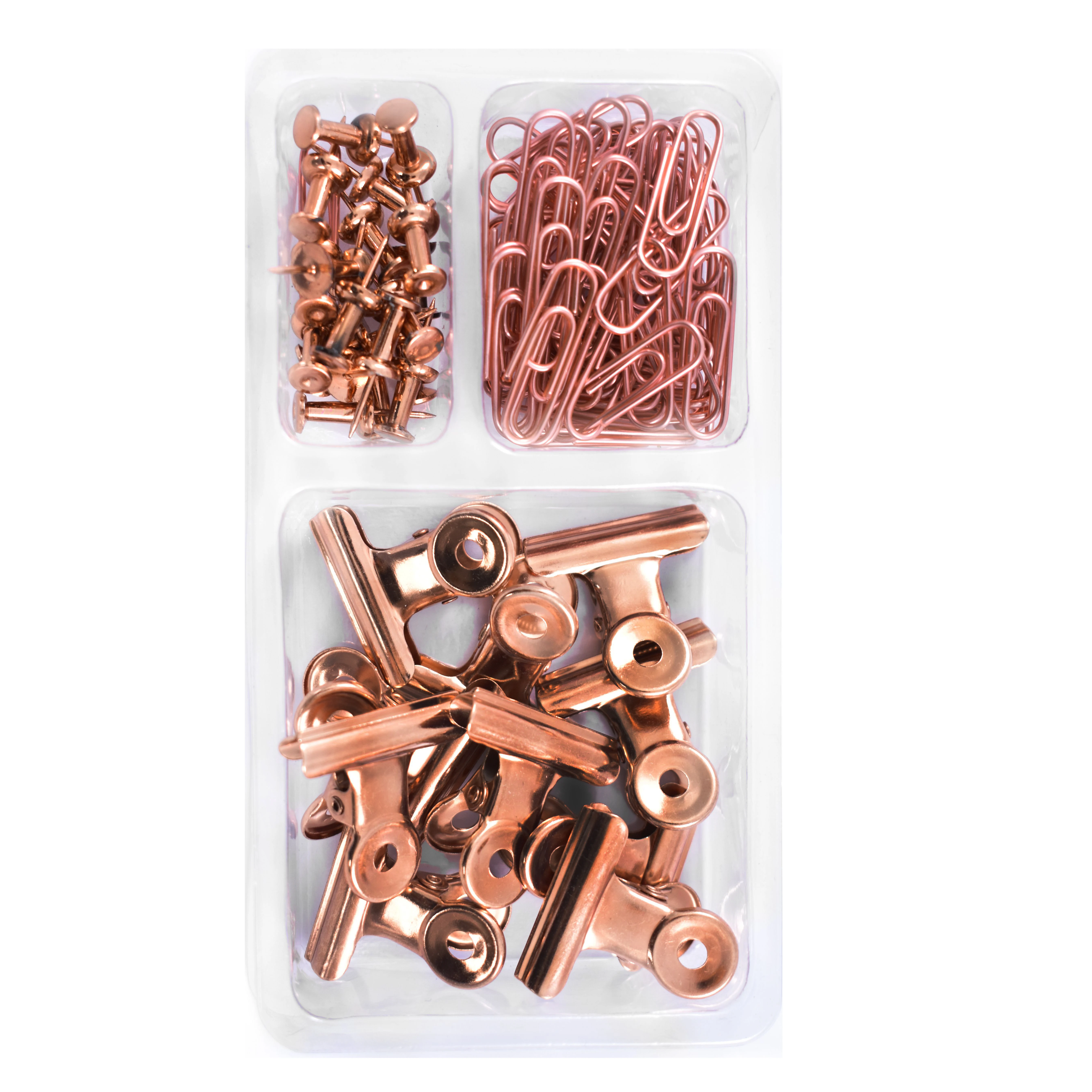 
Hot Selling Clips and Pins Rose Gold Color Assorted Clear Box and Storage Tray Vintage Nostalgia Series Stationery Set 