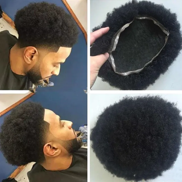 Wig For Black Men, Mens Afro Kinky Curl Human Hair Wig mono PU Lace Bases Toupee Unit Piece Replacement System