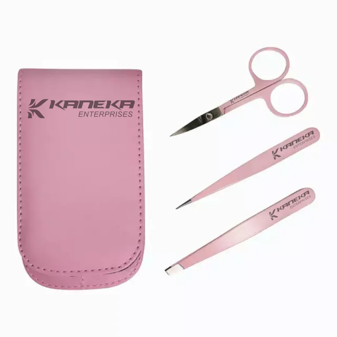 3 in 1 Stainless Steel Pink Precise Eyebrow Tweezers Trimmer Scissors  Tools Kit with Bag