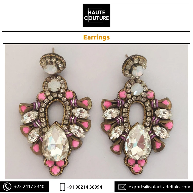Low Priced Pink Opal Stones Crystal Drops Chandelier Shaped Earrings for Women for Weddings Evening Wear Party Wear