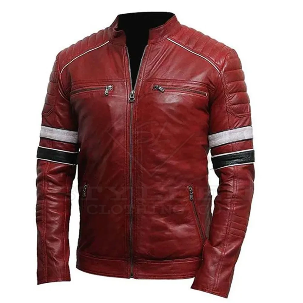 Wholesale Multi side pockets faux leather Zipper Black Collar Men Leather Jacket
