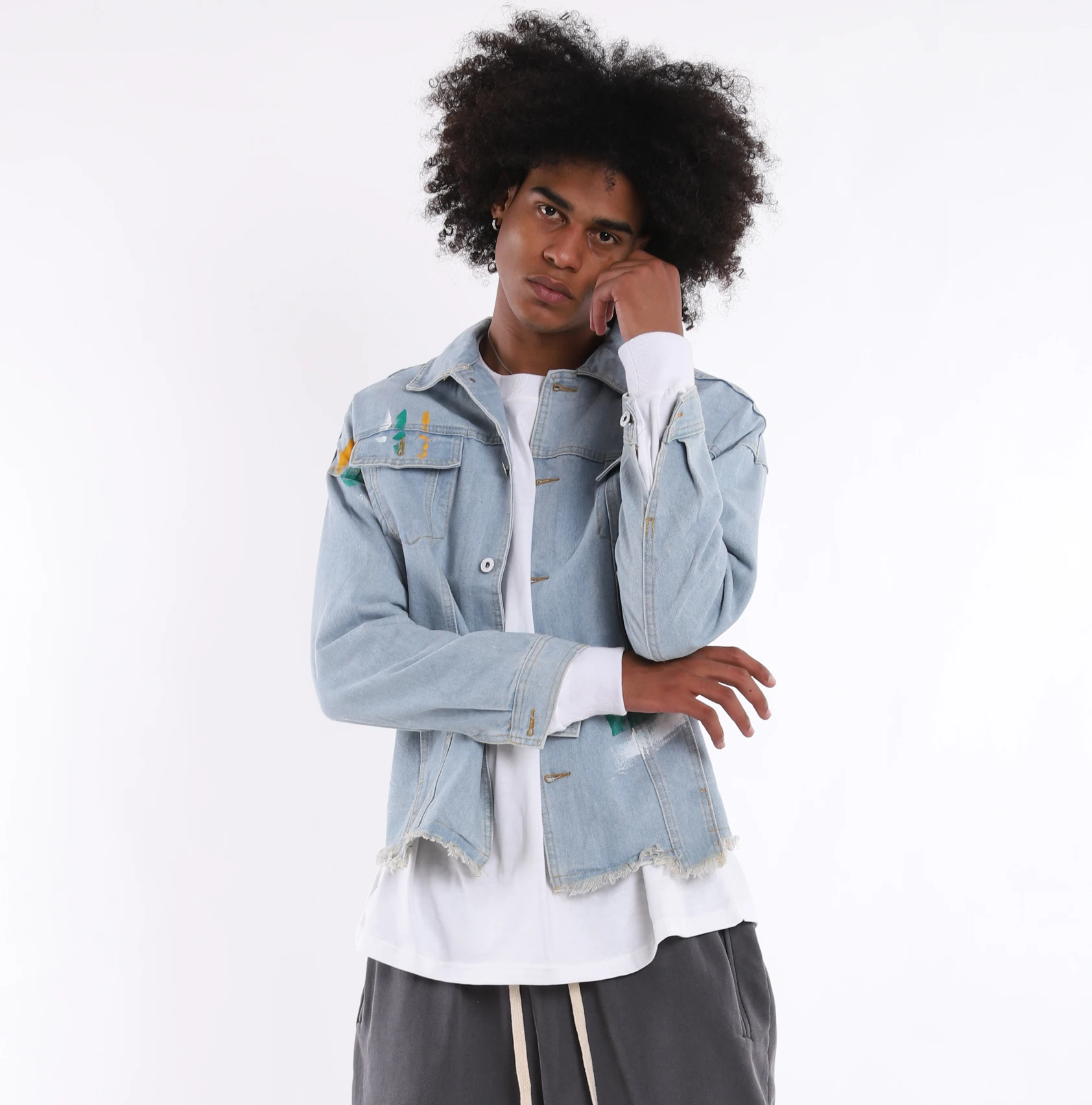 Low MOQ for Small Business Beginner Custom Jean Shirt Faked Washed Man Denim shirt Long Sleeve