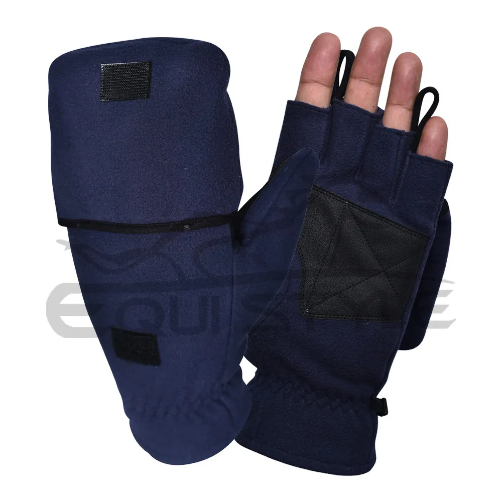 Kepsey Warm Flip Top Gloves Blue Polyester Fleece Black Leather Palm Half Finger Flip Top Hand Gloves For Outdoors Wholesale