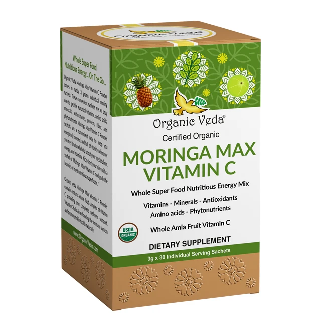 Certified organic Moringa Max Vitamin C energy drink sachet made with moringa, fresh amla fruits and pineapple