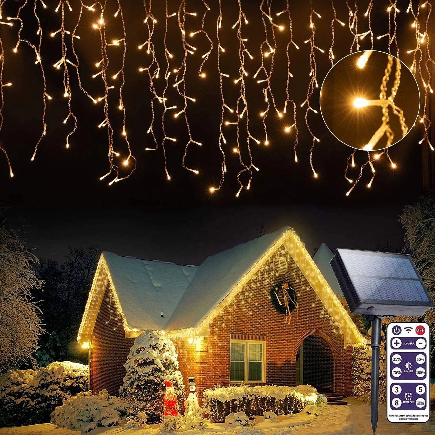 Solar Icicle Christmas Curtain Fairy String Lights 16FT5M Outdoor 256 LED 8 Mode Remote Waterproof Garden Party Patio Decoration