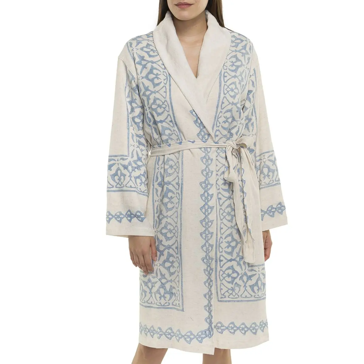 Bathrobe with Terry Lining Hand Printed Cotton High Quality with Towel Lining 70% Organic Cotton 30% Linen