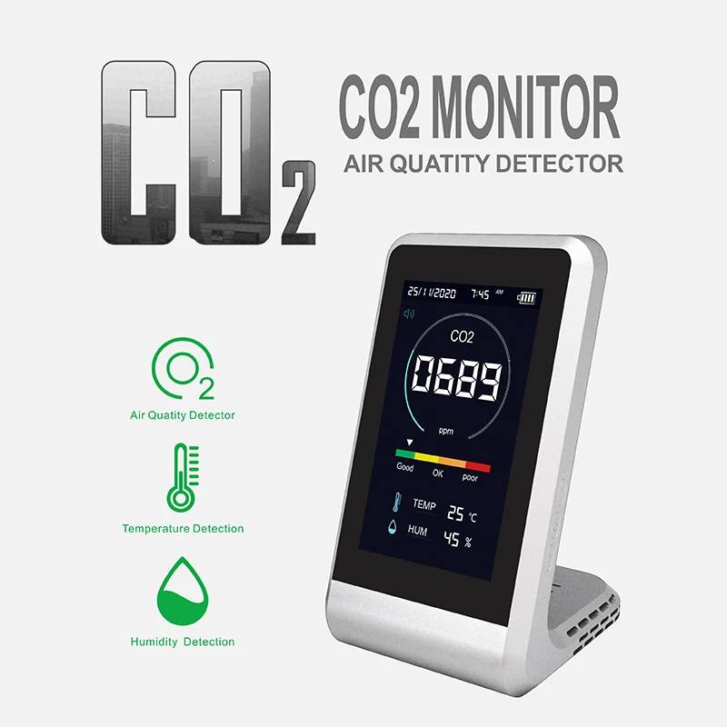 CO2 Monitor NDIR Temperature and Humidity and Air Quality Detector 2000mAh Rechargeable with Auto Alarm