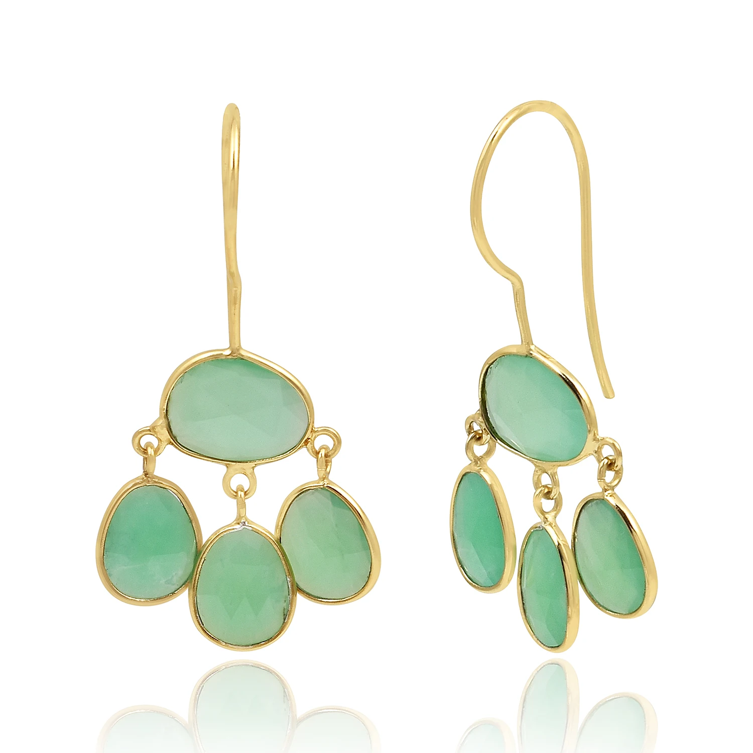 Оптовая цена модные серьги из натурального камня Позолоченные 925 стерлингового серебра хризопраза с подвесками