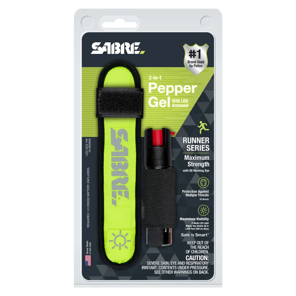 
SABRE RED Runner Pepper Gel Bright Safety Light to Maximize Visibility Pepper Gel w/ Yellow LED Armband 