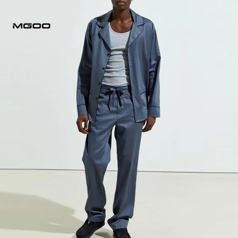 MGOO Long Sleeve And Pants Dark Blue Basic Solid Mens Satin Sleepwear Plain Blank Men Pajamas Set