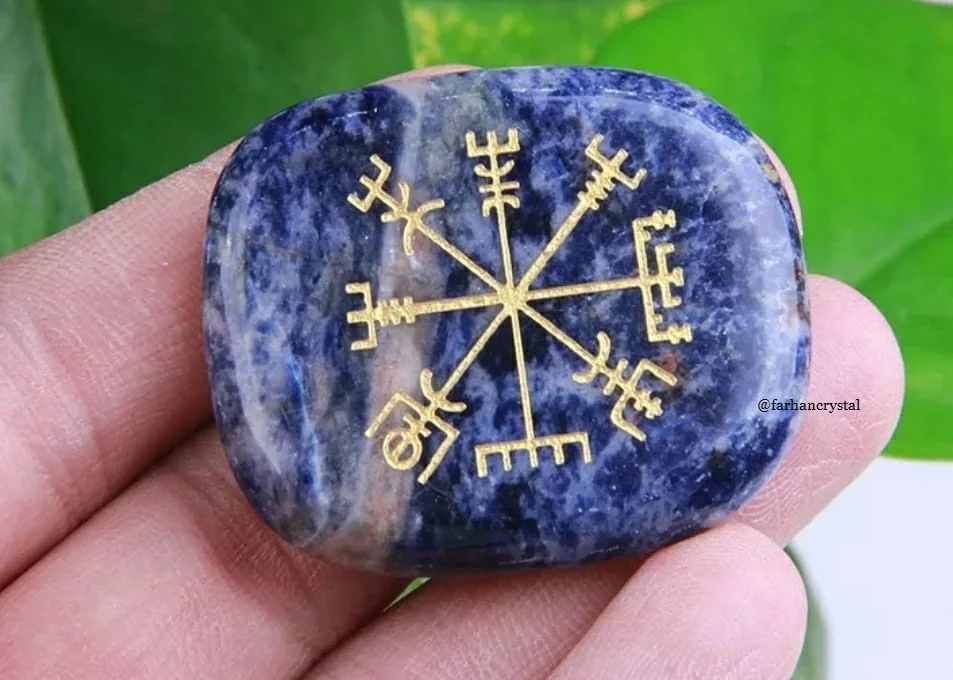 wholesale polished sodalite Palm STONES  ENGRAVED AGATE STONE SLICE | SPIRITUAL SYMBOL SODALITE STONE