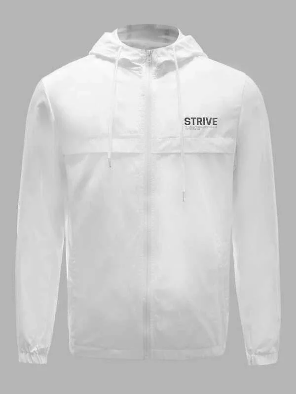 Men Slogan Graphic Drawstring Hooded Windbreaker Jacket Premium Quality Men Sport Wind Breaker Spring Jackets