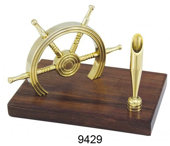 Custom Printed Brass Ship Wheel Card Holder Metal Table Top Nautical Decorative Gift Envelop on Wooden Base