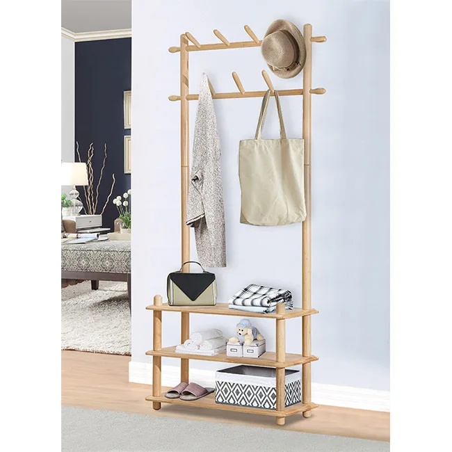 High Standard Super Stable Multipurpose Solid Wood Coat Rack with 2 Layer Clothes Hanger with Shelves Portable Wardrobe