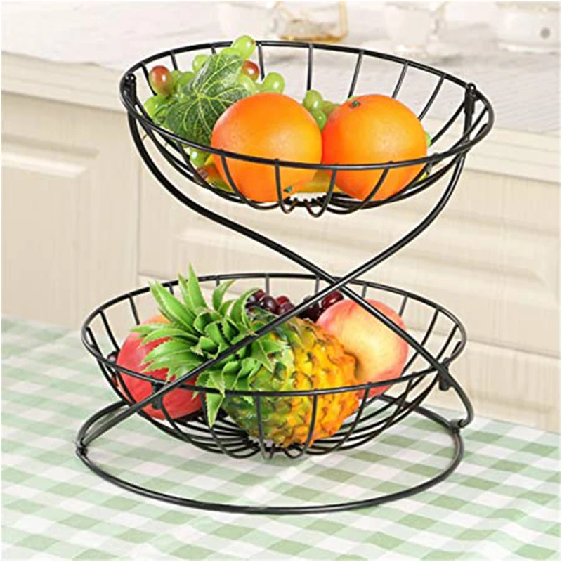  Настольная 2 яруса Декоративная Металлическая черная железная кухонная подставка для фруктов овощей хлеба
