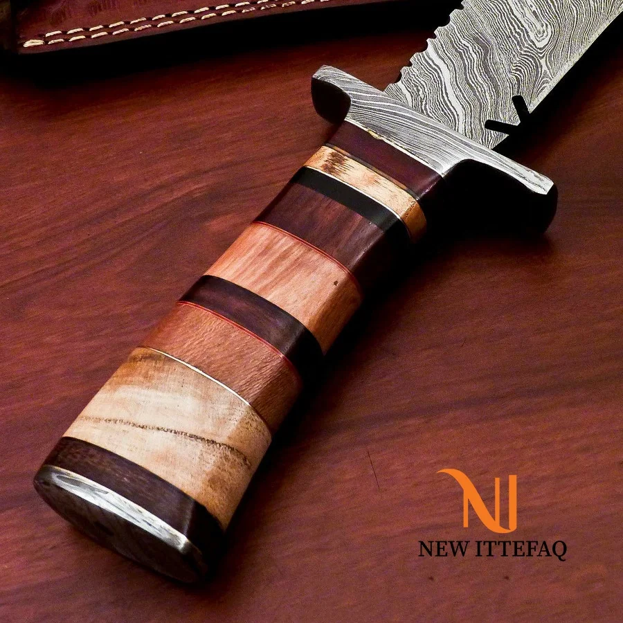 
NEW ITTEFAQ | CUSTOM MADE DAMASCUS BOWIE HUNTING KNIFE - DAMASCUS GUARD With Leather Sheath 