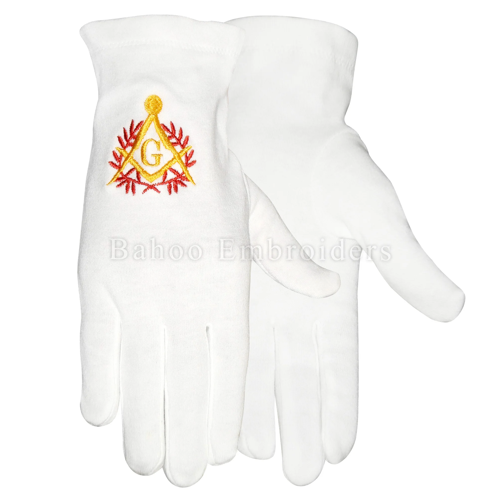 MASONIC FRENCH RITE WHITE COTTON GLOVES WITH RED & YELLOW EMBROIDERY