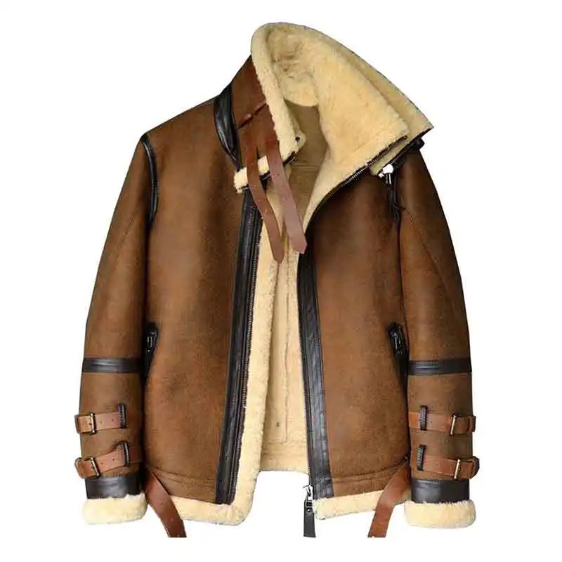 Winter Brown Faux Suede Leather Jacket For Men Fur Collar Man Vintage Thick Shearling Leather Bomber Jacket