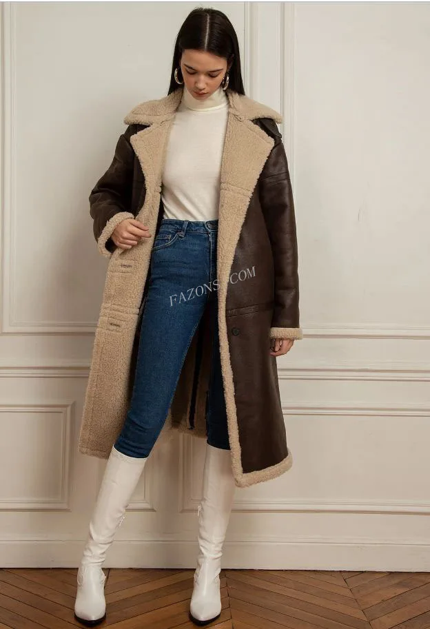 Womens Long Shearling Fur Coat Real Sheepskin Leather Jacket Causal Ladies Over Coat Winter Sherpa Fashion Long Jacket Coat