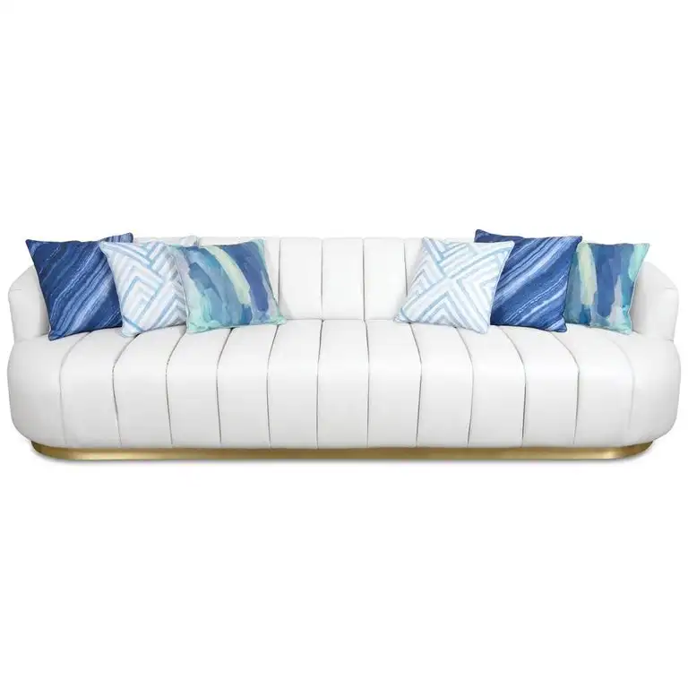 Modern Pearl White Faux Leather Metal Brass Leg Sofa