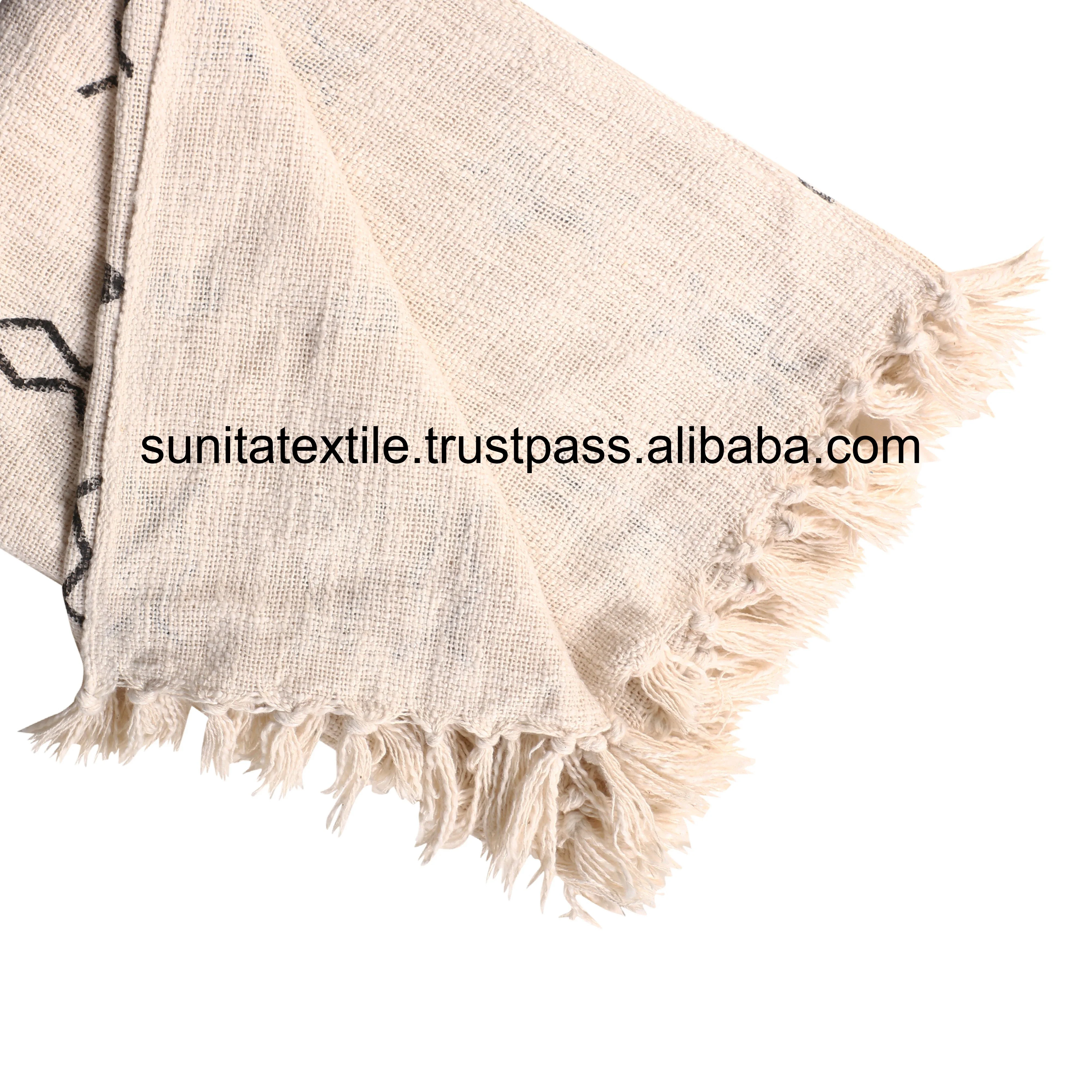 Factory Price Indian Handmade 100% Organic Cotton Hand Block Printed Mud Cloth Beige Throw Bedding Bedspread Gift Woven Blanket