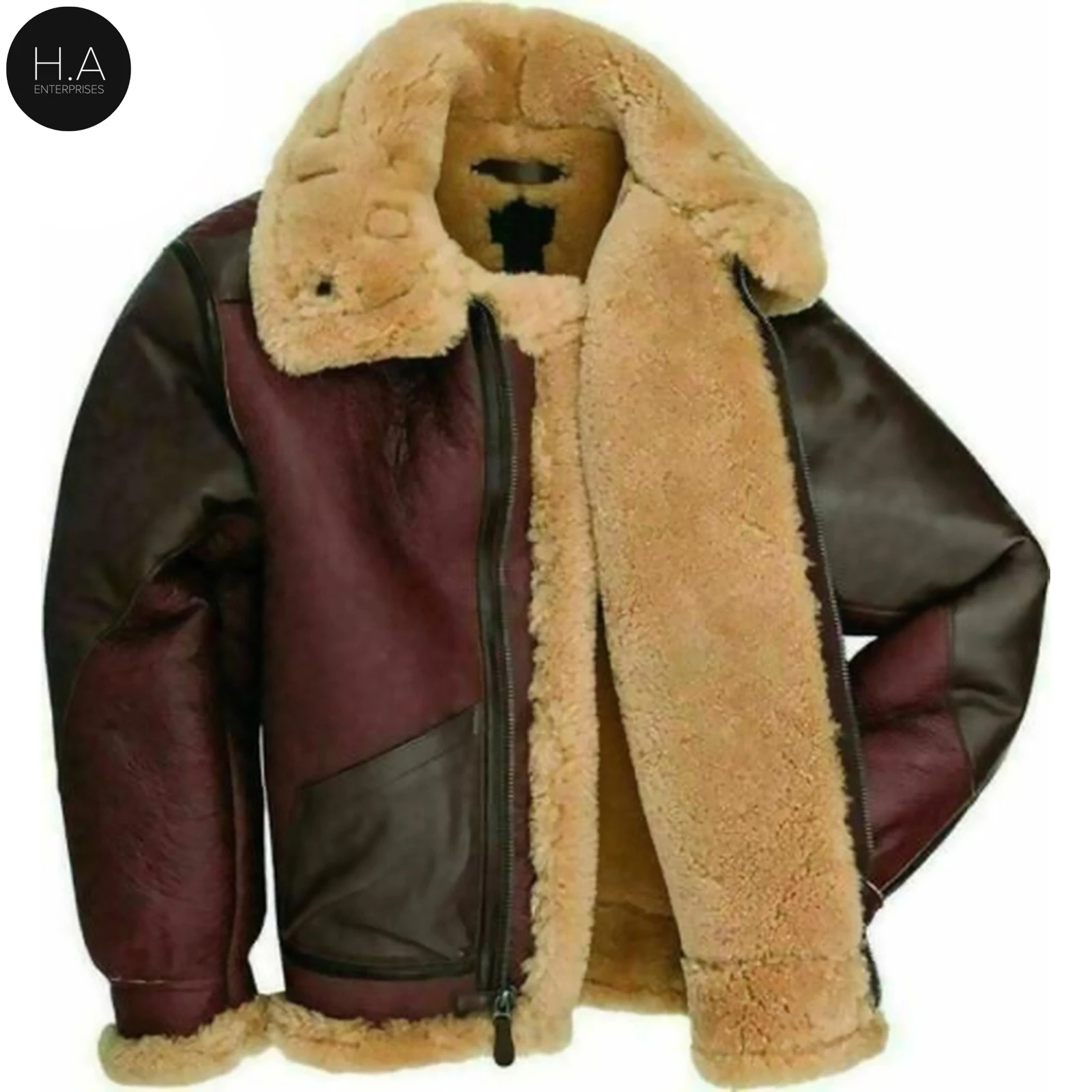 Latest design loose leather fur jacket for men Maroon Fur Bomber Real Leather Jacket For Men