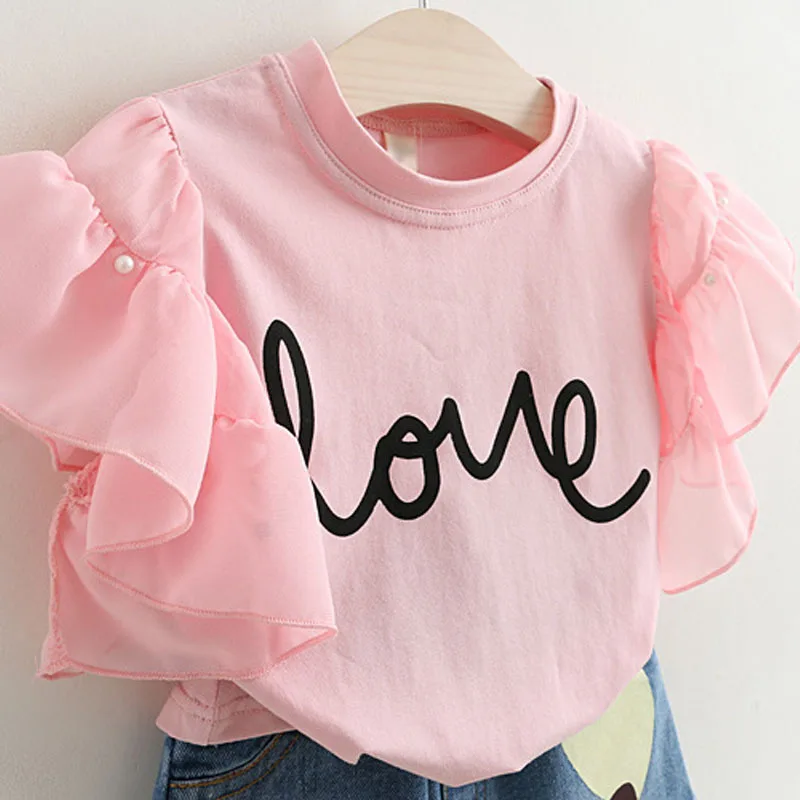 
Custom Fashion Summer Kids Girls Clothing Sets 2 Pcs White Ruffle T-shirt Pant Set For Baby Girls Clothes 2-7 Years 