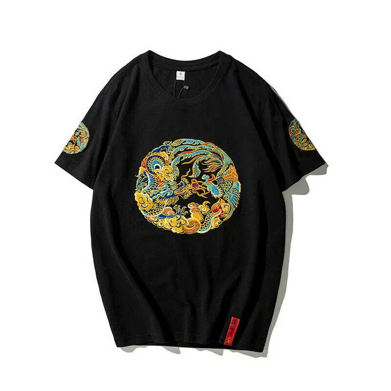 Unisex Men Summer T-Shirt Dragon Robe Embroidery Loose Cotton O-Neck Tops