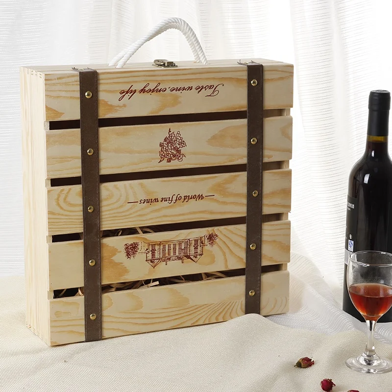 European Hot Sell Decorated Gift Wooden Wine Box for 4 Bottles with Handle