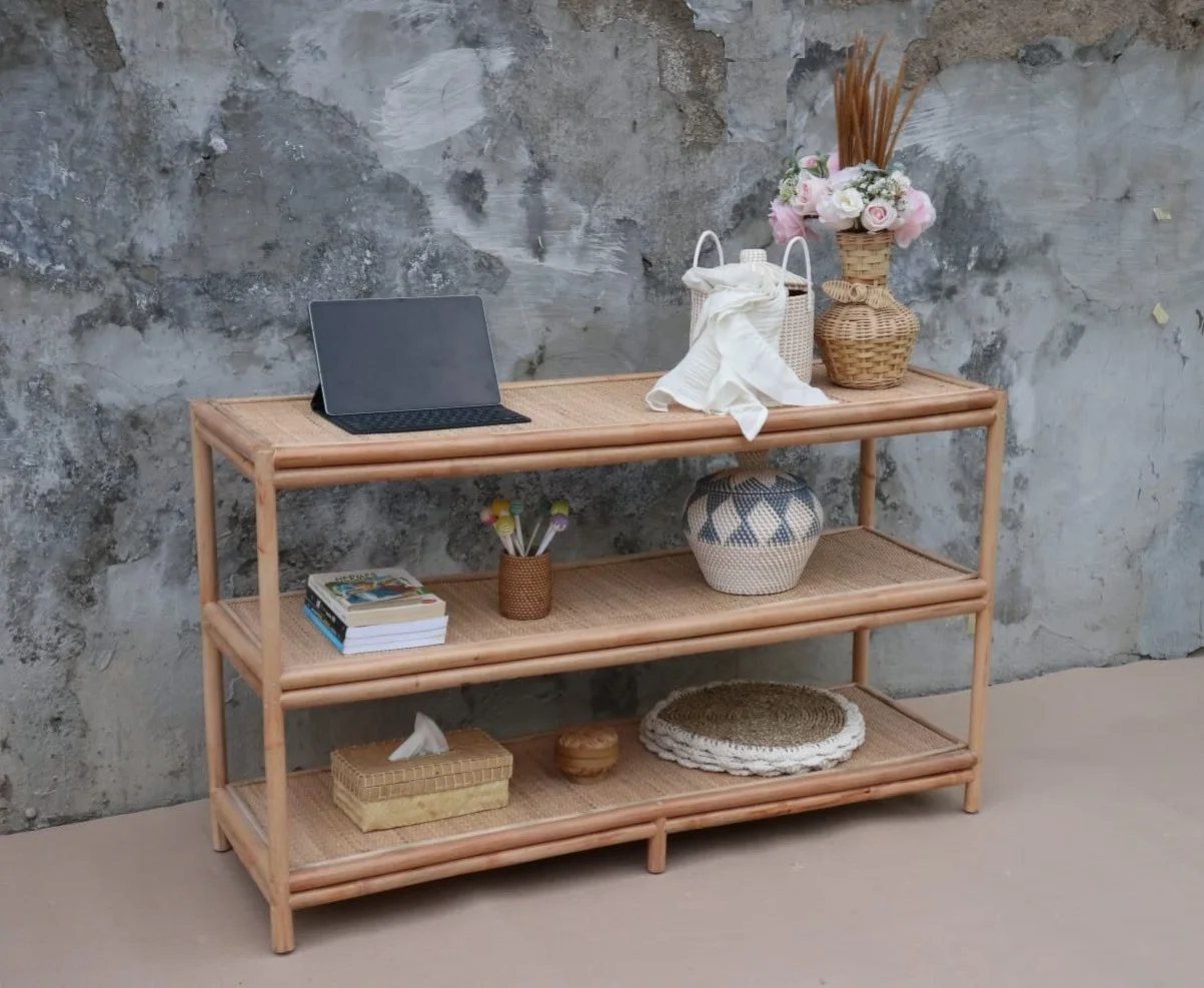 Hand Woven Mid Century Folded Natural Color Rattan Plywood Antique Kitchen Dining KANSA CONSOLE TABLE