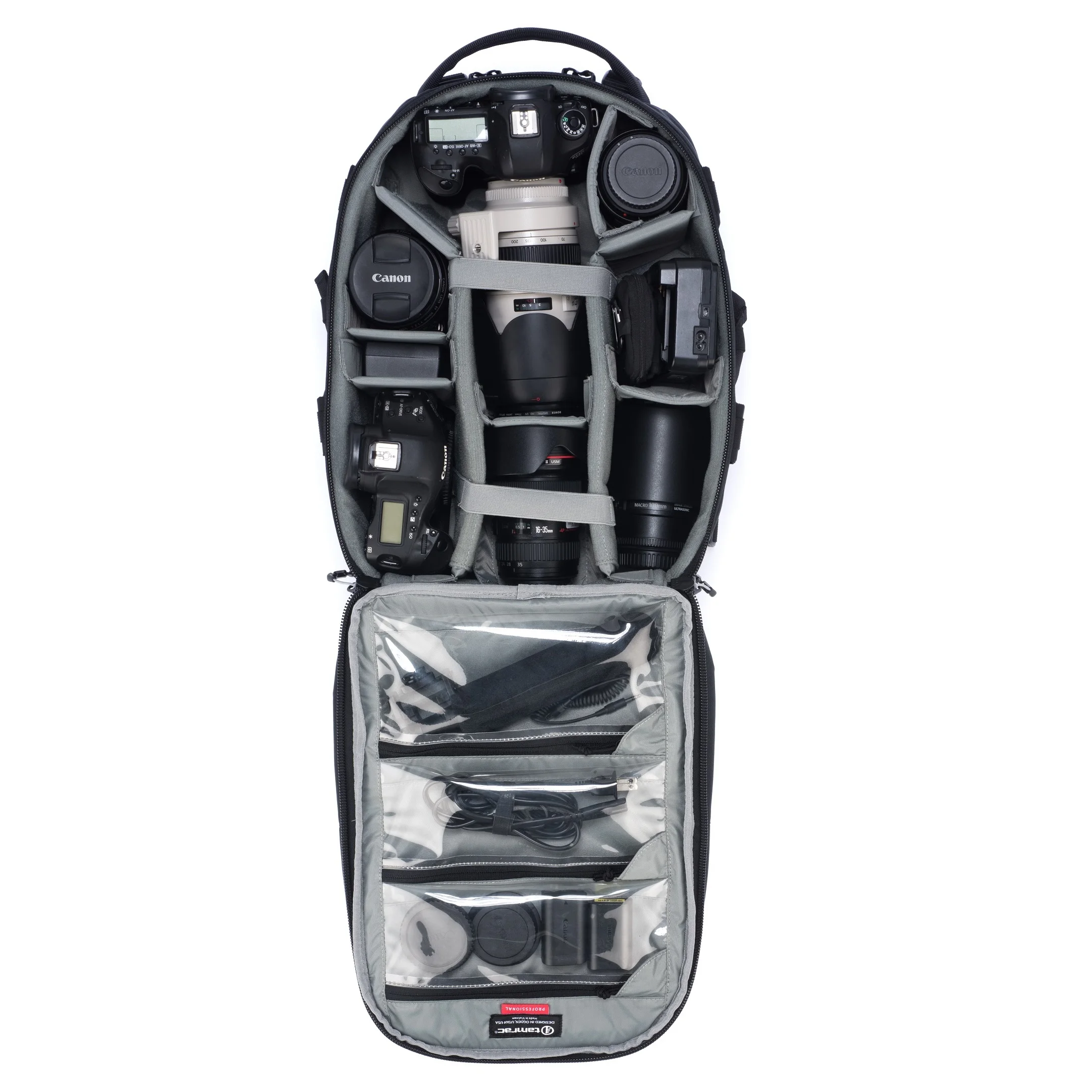 Lightweight Digital Gear Protection PU Coating Nylon Fabric Shockproof Black Camera Bags Backpacks with Large Main Opening