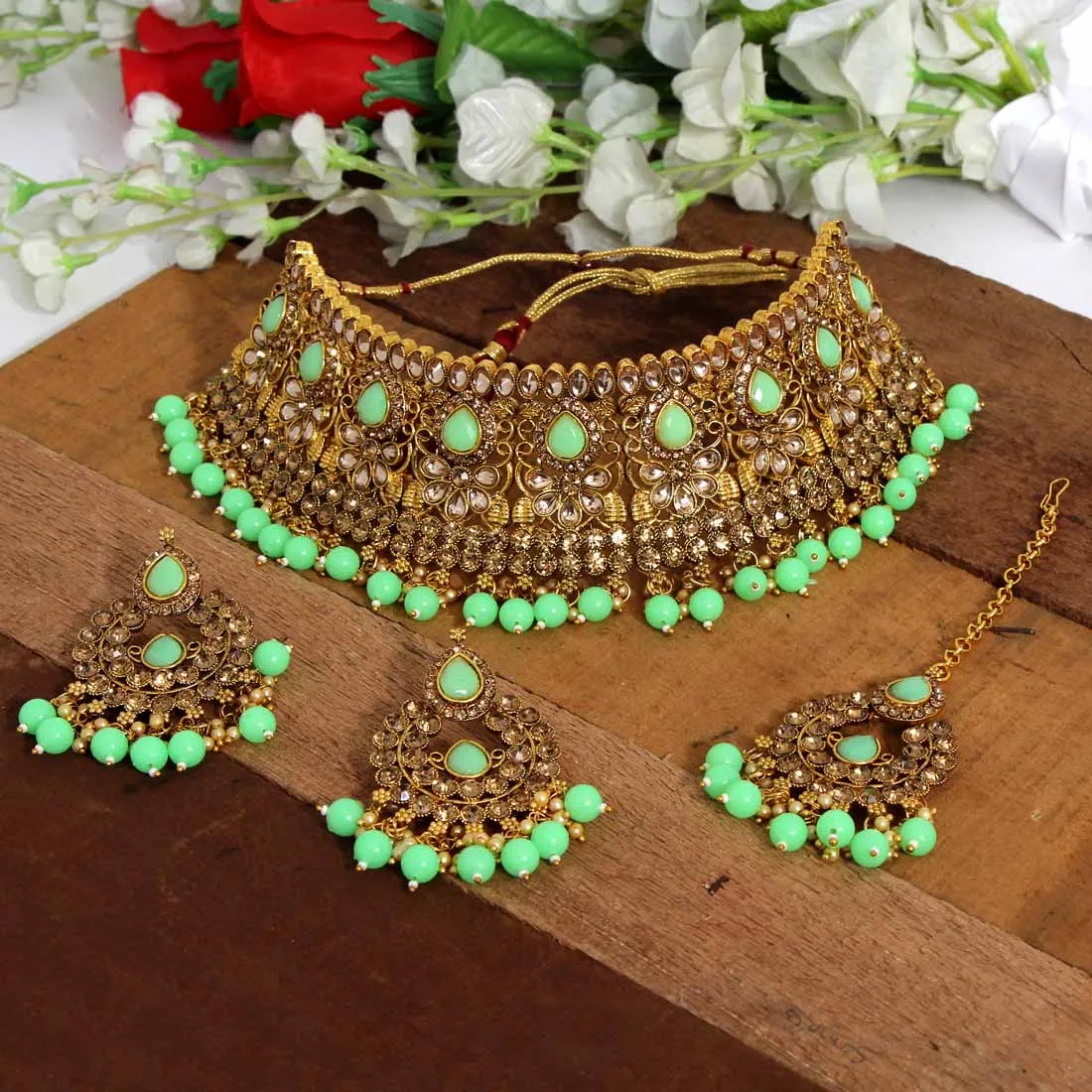 Latest Exclusive Designer Light Weight Kundan Polki Choker Necklace Set with Pair of Earrings Women and Girls 2022 Necklaces N/A