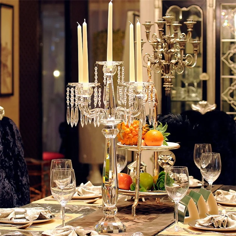 Handmade and Crystal Material tall wedding crystal candelabra candle holder centerpiece with hanging crystals