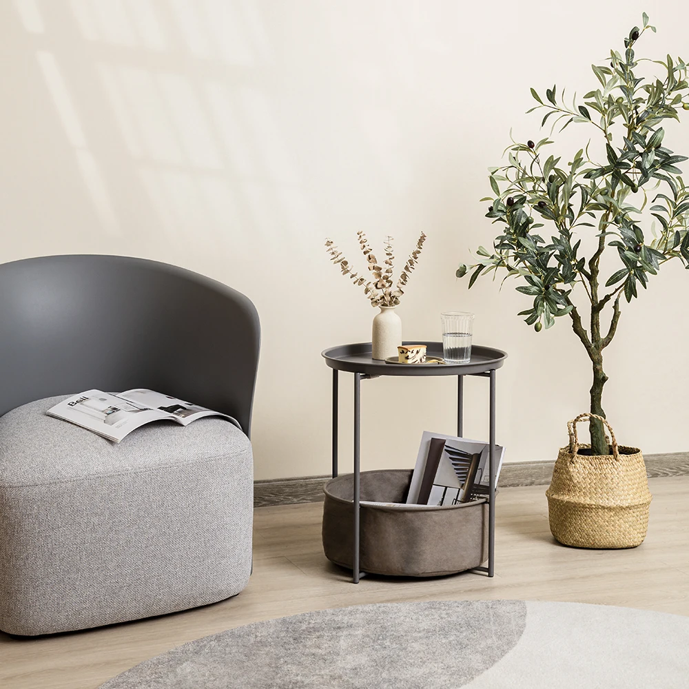 Современный компактный круглый Диванный боковой столик с холщовой корзиной для хранения