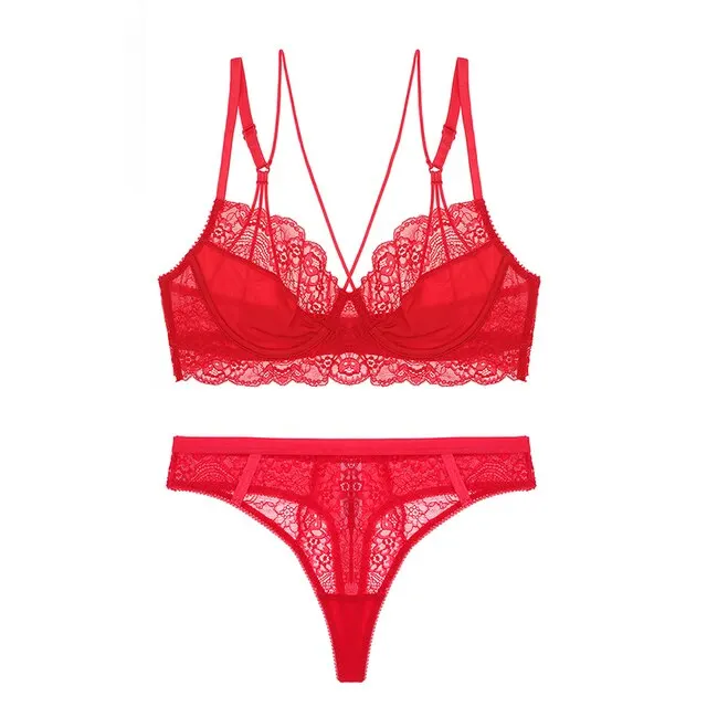 Red Color Hot Selling Women Lace Bra Brief Set Fashion Lace Transparent Push Up Bra Panty Set Women Underwear Set