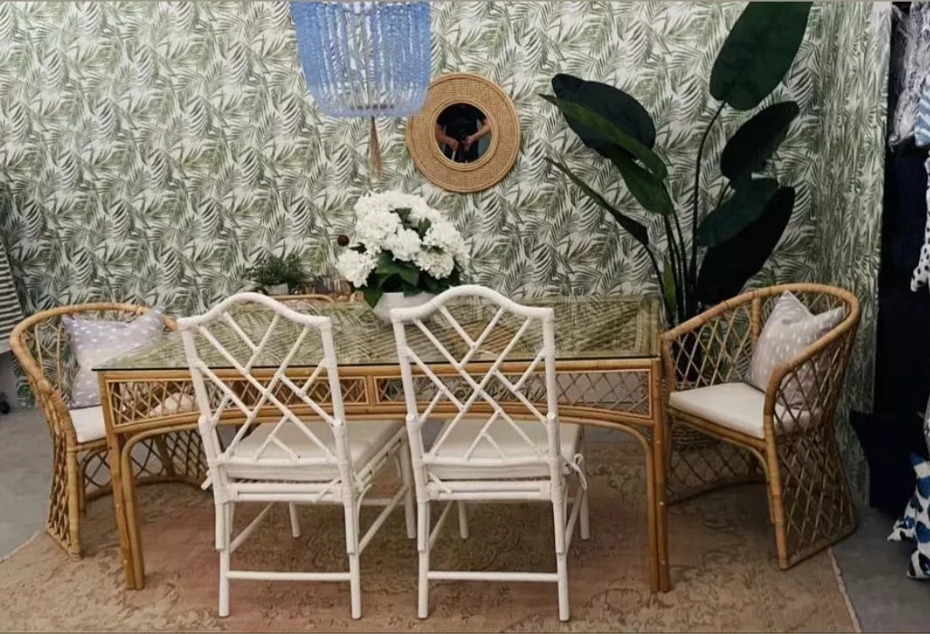 Center Liftup Extension Hand Woven Mid Century Antique Adjustable Rattan Glass Folded KINGSTON Dining Table