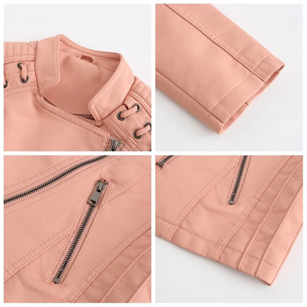 High Quality Women Faux Leather Jacket Long Sleeve Lapel Zip Up Short Coat with Pockets