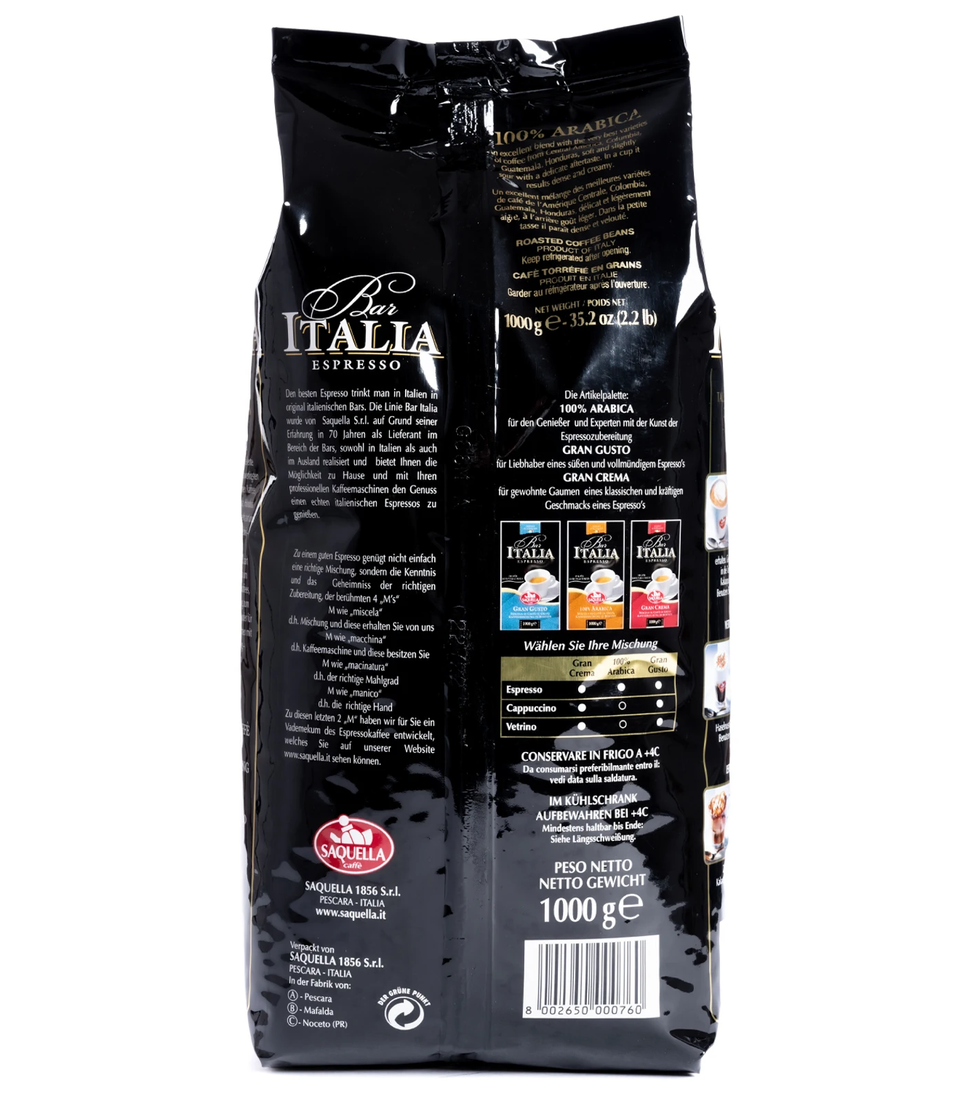 Made in Italy 1 kg bag Bar Italia 100% Arabica Coffee Beans for coffee shops