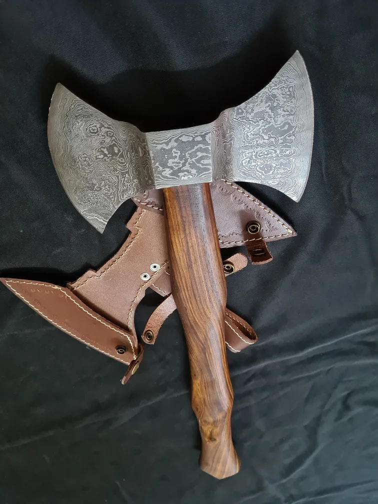 custom handmade Damascus steel double edge blade Axe with leather cover