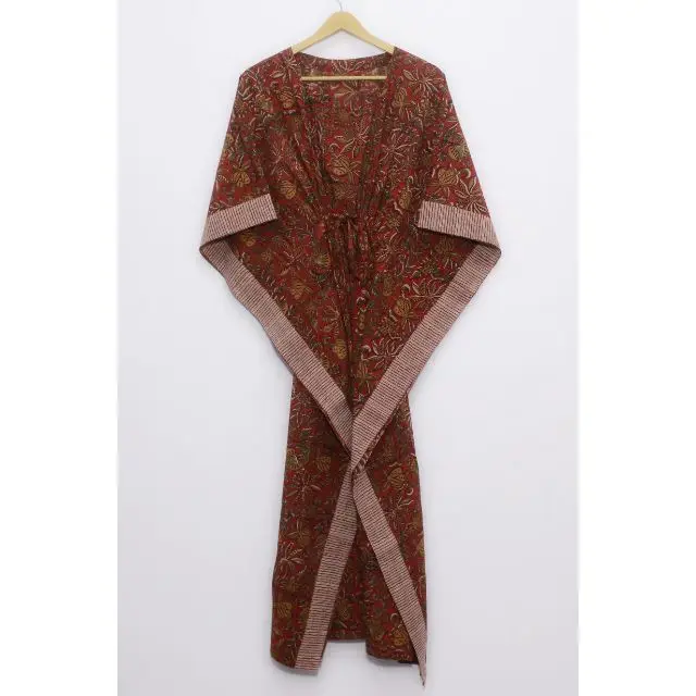 Handblock Floral Printed Robe Sleepwear Women Gown Kaftan Cotton Crossover Stylish Tunic Maxi Beach Caftan Dress
