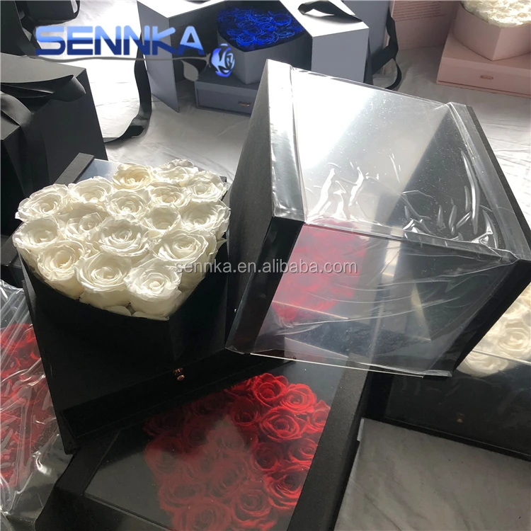 Bases for Flower Arrangements Real Fresh Preserved Rose in Black Heartshaped Gift Box with Ribbon