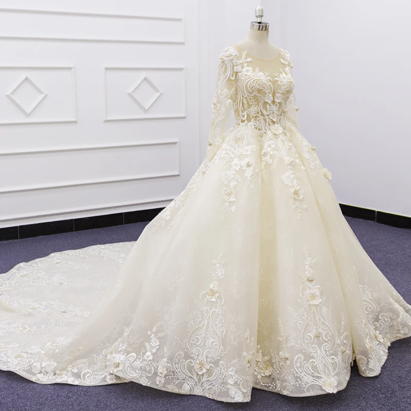 Eslieb SJ196 actual photo champagne high necklace 3D lace luxury graceful  gorgeous ball gown wedding dress