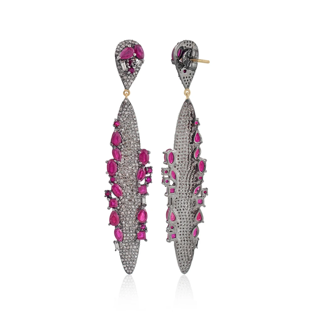 Ruby Gemstone Natural Pave Diamond 14k Gold, 925 Silver Pave Diamond Designer Marquise Dangle Earrings Jewelry Wholesale