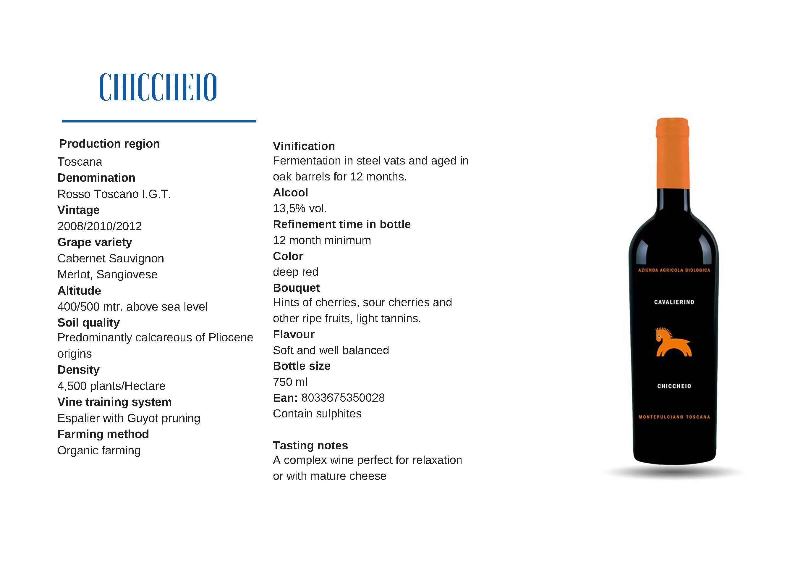 High Quality Italian red wine Tuscany IGT Chiccheio for dinner and aperitif in bottle 0,75 l