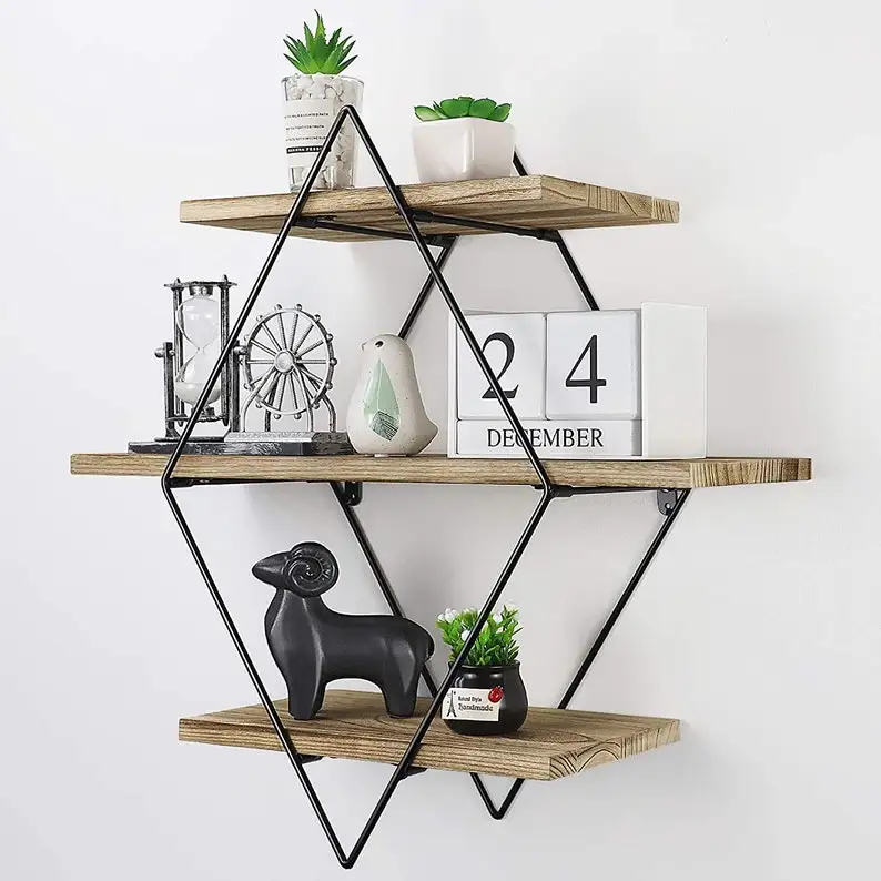 Wooden 3 Tier Wall Mounted Shelf Black Iron Natural Pine Carbonized Farmhouse Shelf for Bathroom Kitchen Wholesale Price India