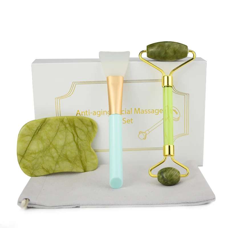 Chinese Skincare Beauty Massage Tools Noise Free Jade Roller and Gausha Set