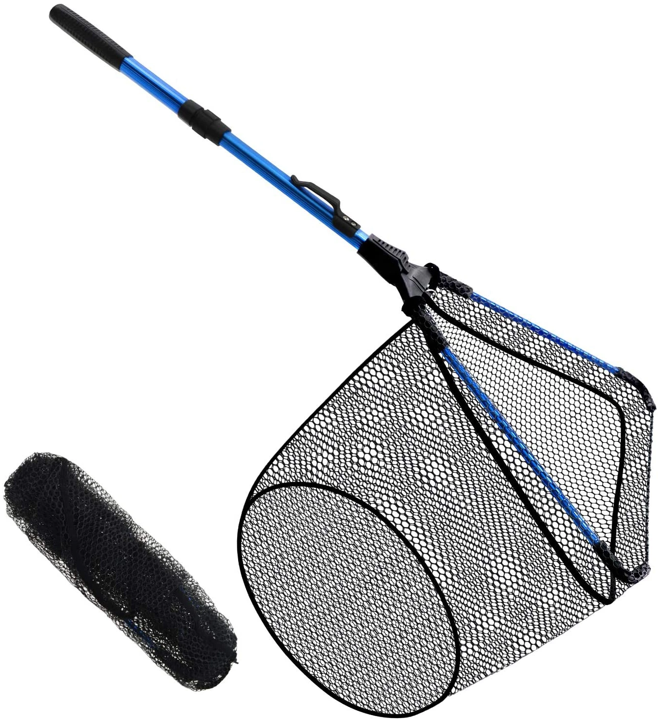 Folding Landing Net Collapsible Fishing Nets with Telescopic Pole Handle Rubber Coating Knotless Mesh
