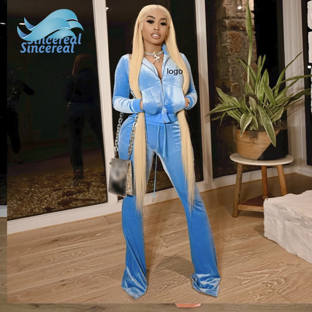 Custom Two Pieces Tracksuit Women Sweatsuit Set Rhinestone/Embroidery Logo Velour/Velvet jogging suit