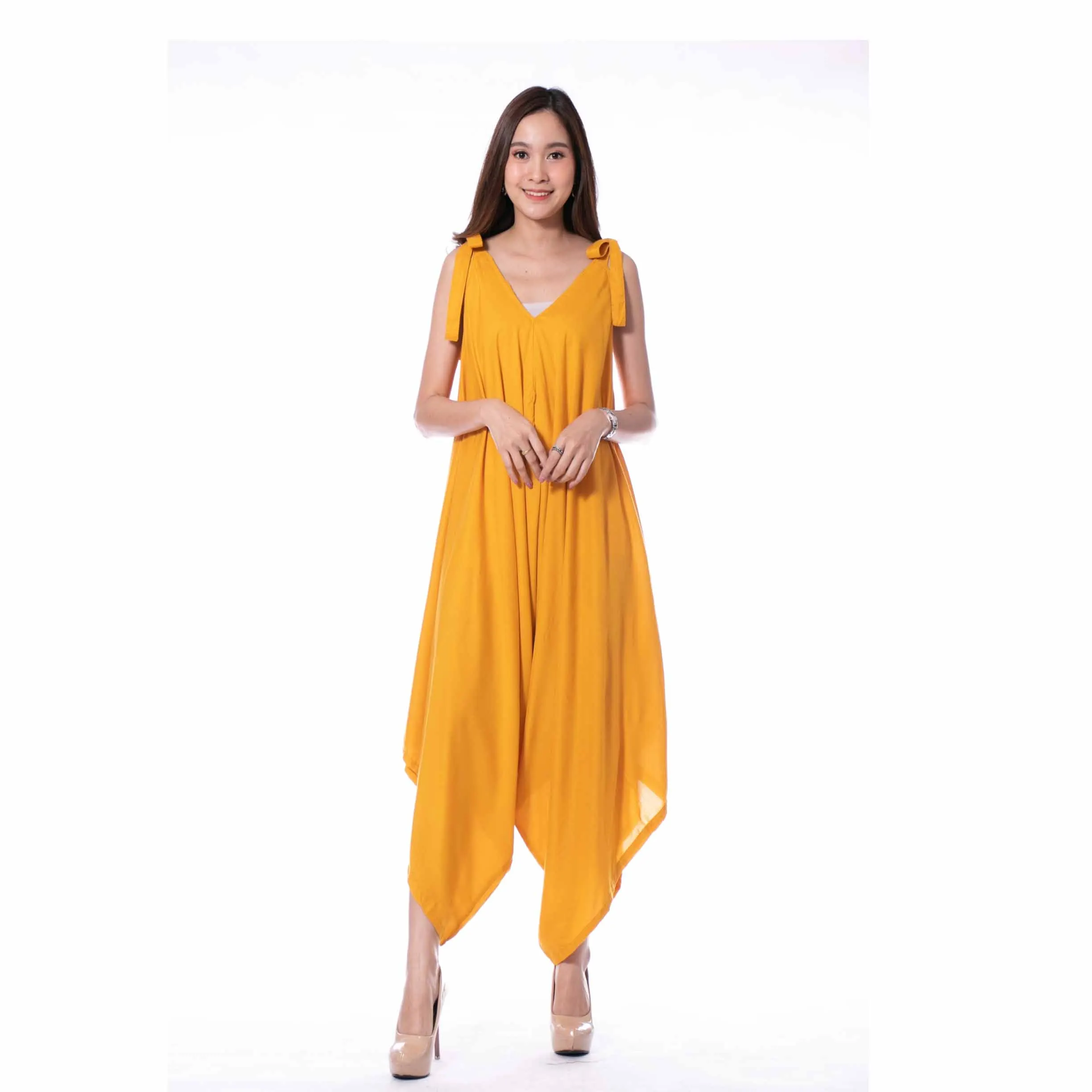 Wholesale Casual Boho Dresses Women for Summer and Spring Yellow Color Dress Wide Open Legs Pants from Thailand